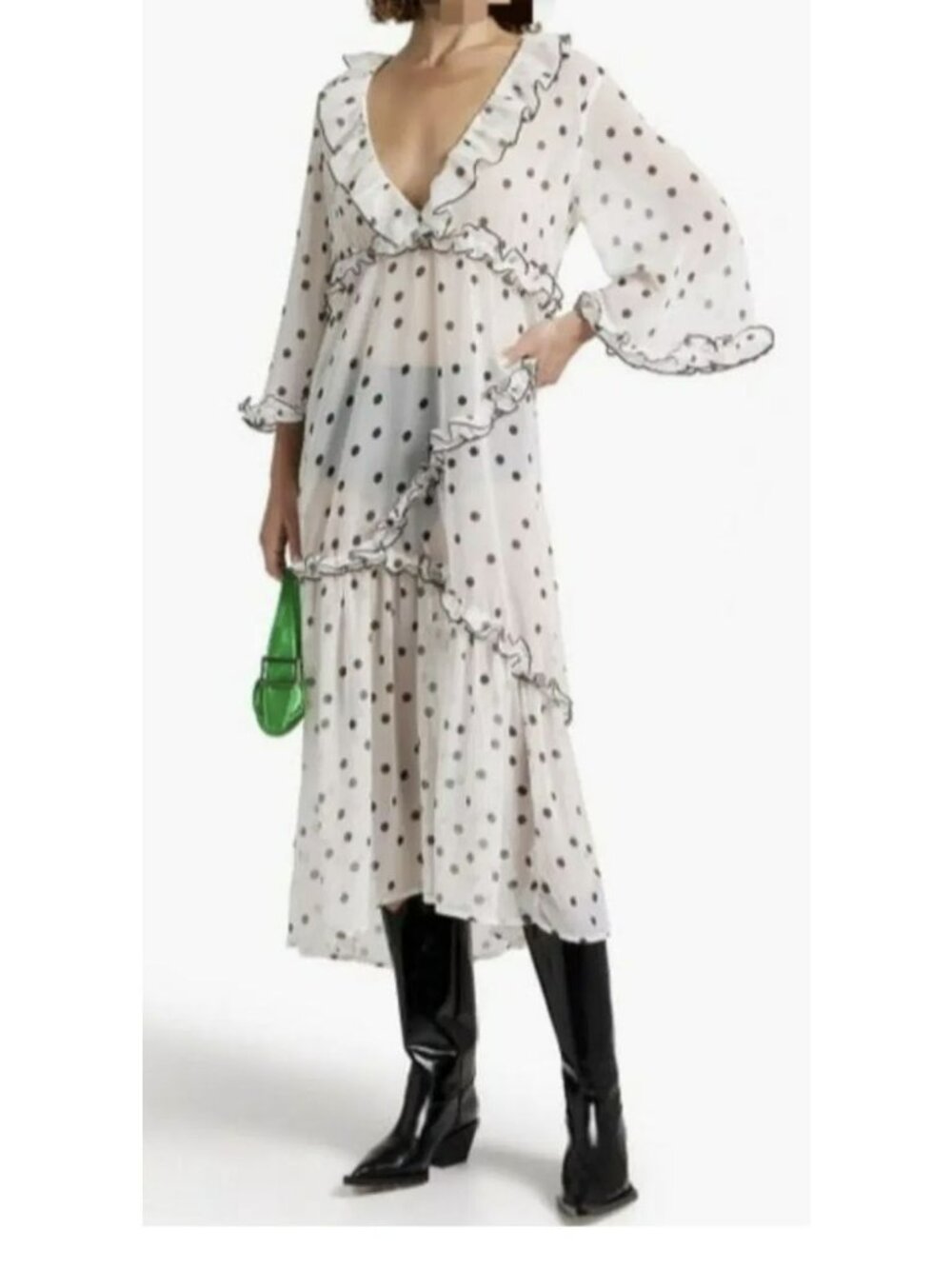 Ganni Polka Dot Ruffle Slip Sheer Midi Dress Size Large New With Tags